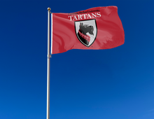 Load image into Gallery viewer, outdoor display of red carnegie mellon university tartans flag for tailgate decor
