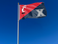 Load image into Gallery viewer, outdoor-display-of-cincinnati-xavier-house-divided-flag-for-tailgate-decor

