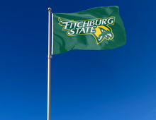 Load image into Gallery viewer, outdoor display of green fitchburg state university falcons flag for tailgate decor
