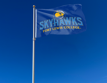 Load image into Gallery viewer, outdoor display of blue fort lewis college skyhawks flag for tailgate decor

