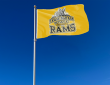 Load image into Gallery viewer, outdoor display of gold framingham state university rams flag for tailgate decor
