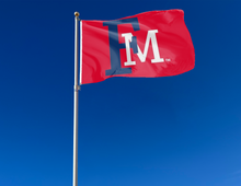Load image into Gallery viewer, outdoor display of red francis marion university flag with fm logo for tailgate decor
