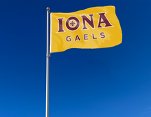 Load image into Gallery viewer, outdoor display of gold iona college gaels flag for tailgate decor
