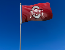 Load image into Gallery viewer, outdoor display of gradient ohio state university buckeyes flag for tailgate decor
