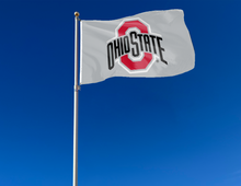 Load image into Gallery viewer, outdoor display of grey ohio state university buckeyes flag for tailgate decor
