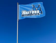 Load image into Gallery viewer, outdoor display of blue harford community college fighting owls flag for tailgate decor
