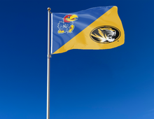 Load image into Gallery viewer, outdoor display of house divided flag with kansas missouri logos for tailgate decor

