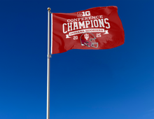 Load image into Gallery viewer, outdoor display of indiana football flag with big ten conference champions logo for yard decor
