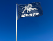Load image into Gallery viewer, outdoor display of blue jackson state tigers flag for tailgate decor
