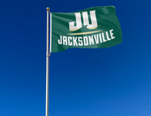 Load image into Gallery viewer, outdoor display of green jacksonville university dolphins flag for tailgate decor

