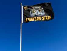 Load image into Gallery viewer, outdoor display of kennesaw state flag with realistic owl logo for tailgate decor
