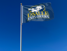 Load image into Gallery viewer, outdoor display of blue lasalle university flag with lasalle explorers logo for tailgate decor
