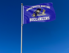 Load image into Gallery viewer, outdoor display of blue massachusetts maritime academy flag for tailgate decor
