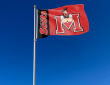 Load image into Gallery viewer, outdoor display of monmouth college flag with fighting scots logo for tailgate decor
