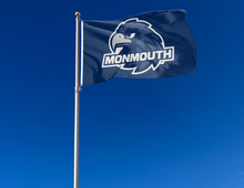Load image into Gallery viewer, outdoor display of blue monmouth university hawks flag for tailgate decor
