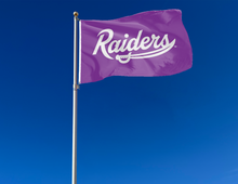 Load image into Gallery viewer, outdoor display of mount union purple raiders flag for tailgate decor
