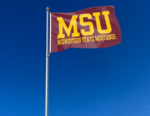 Load image into Gallery viewer, outdoor display of msu midwestern state mustangs flag for tailgate decor
