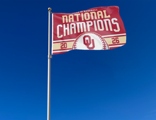 Load image into Gallery viewer, outdoor display of oklahoma sooners college world series national champions flag for tailgate decor
