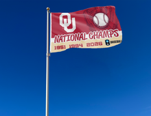Load image into Gallery viewer, outdoor display of oklahoma three time college world series champions baseball flag for tailgate decor
