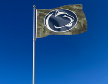 Load image into Gallery viewer, outdoor display of penn state university flag with camo background for tailgate decor
