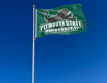 Load image into Gallery viewer, outdoor display of green plymouth state university panthers flag for tailgate decor
