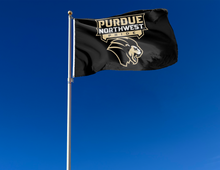 Load image into Gallery viewer, outdoor display of black purdue northwest pride flag for tailgate decor
