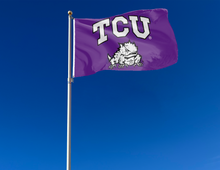 Load image into Gallery viewer, outdoor display of purple tcu horned frogs flag for tailgate decor
