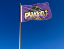 Load image into Gallery viewer, outdoor display of purple pvamu flag for tailgate decor
