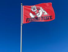 Load image into Gallery viewer, outdoor display of red fresno state university flag for tailgate decor
