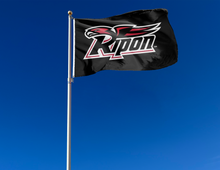 Load image into Gallery viewer, outdoor display of black ripon college red hawks flag for tailgate decor
