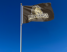 Load image into Gallery viewer, outdoor display of brown southwest minnesota state university mustangs flag for tailgate decor
