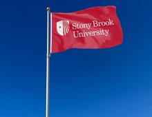 Load image into Gallery viewer, outdoor display of red stony brook university flag for tailgate decor
