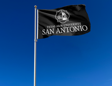 Load image into Gallery viewer, outdoor display of black texas a&amp;m university san antonio flag for tailgate decor
