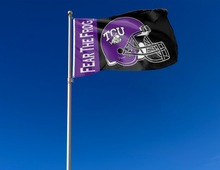 Load image into Gallery viewer, outdoor display of texas christian university fear the frog football flag for tailgate decor
