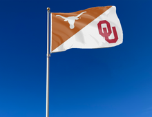 Load image into Gallery viewer, outdoor display of texas oklahoma game day house divided flag for tailgate decor
