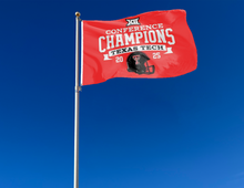 Load image into Gallery viewer, texas tech 3x5 flag with big 12 conference champions logo attached to flagpole for tailgate decor
