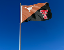 Load image into Gallery viewer, outdoor display of texas texas tech house divided flag for tailgate decor
