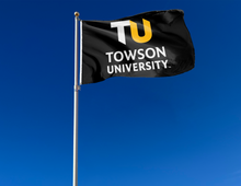 Load image into Gallery viewer, outdoor display of black towson university double sided flag for tailgate decor
