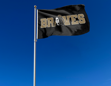 Load image into Gallery viewer, outdoor display of black unc pembroke braves flag for tailgate decor
