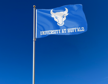 Load image into Gallery viewer, outdoor display of university at buffalo flag for tailgate decor

