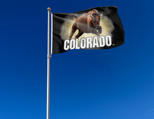 Load image into Gallery viewer, outdoor display of university of colorado flag with realistic buffalo logo for tailgate decor
