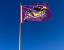 Load image into Gallery viewer, outdoor display of purple university of montevallo falcons flag for tailgate decor
