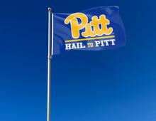 Load image into Gallery viewer, outdoor display of university of pittsburgh flag with hail to pitt logo for tailgate decor
