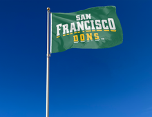 Load image into Gallery viewer, outdoor display of green university of san francisco dons flag for tailgate decor
