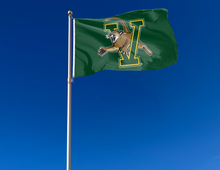 Load image into Gallery viewer, outdoor display of green university of vermont catamounts flag for tailgate decor
