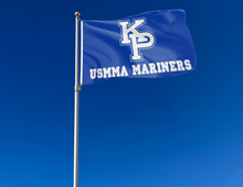 Load image into Gallery viewer, outdoor display of blue usmma mariners flag for tailgate decor
