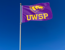 Load image into Gallery viewer, outdoor display of purple uwsp pointers flag for tailgate decor
