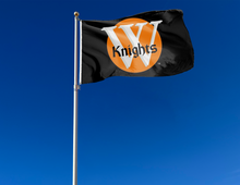 Load image into Gallery viewer, outdoor display of black wartburg college knights flag for tailgate decor

