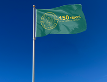 Load image into Gallery viewer, outdoor display of wayne state university flag with 150 years in the heart of detroit logo for tailgate decor
