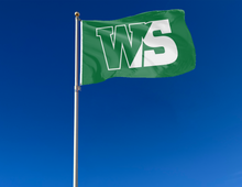 Load image into Gallery viewer, outdoor display of green william smith college flag with ws logo for tailgate decor
